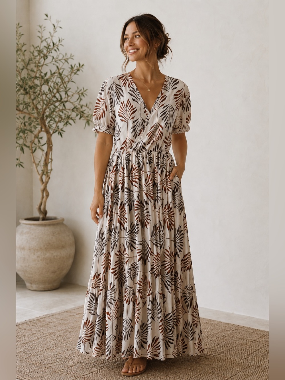 Tropical Leaf Print Pleated Maxi Dress - Picture 1 of 6